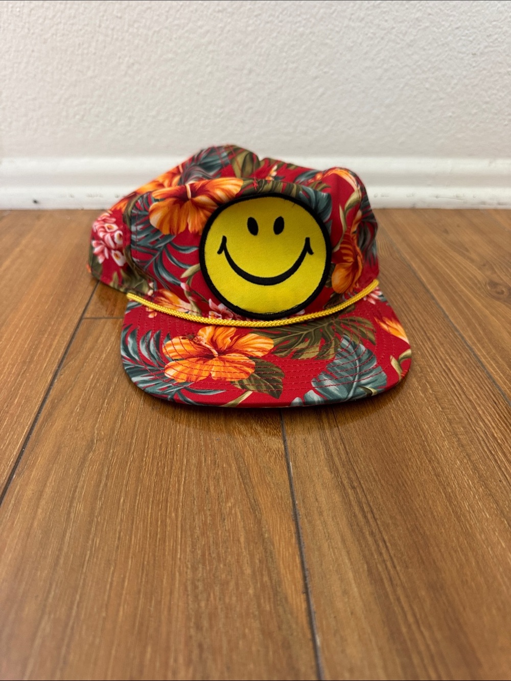 Aviator Nation Floral Red Cap with Yellow Smile Patch